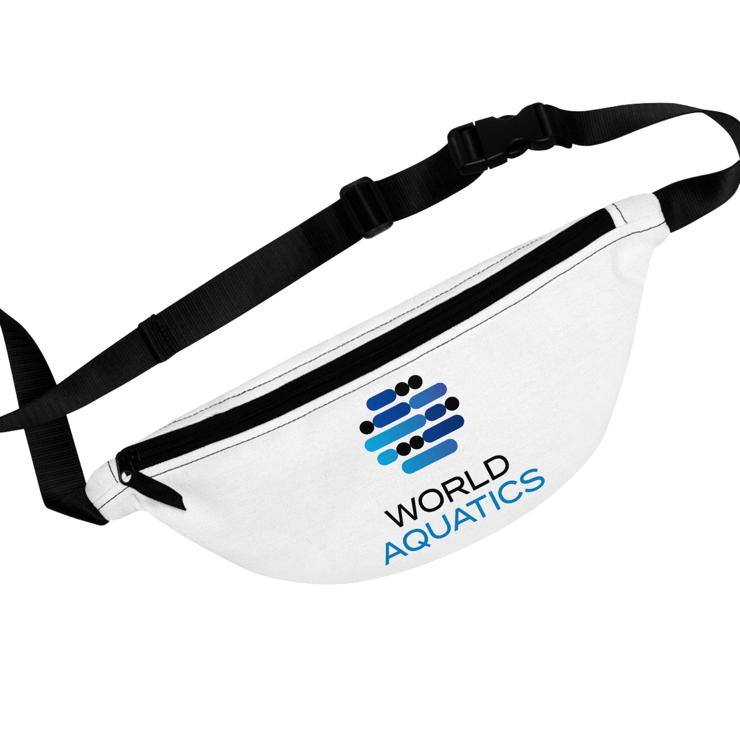White fanny pack with black strap featuring World Aquatics logo on a white background