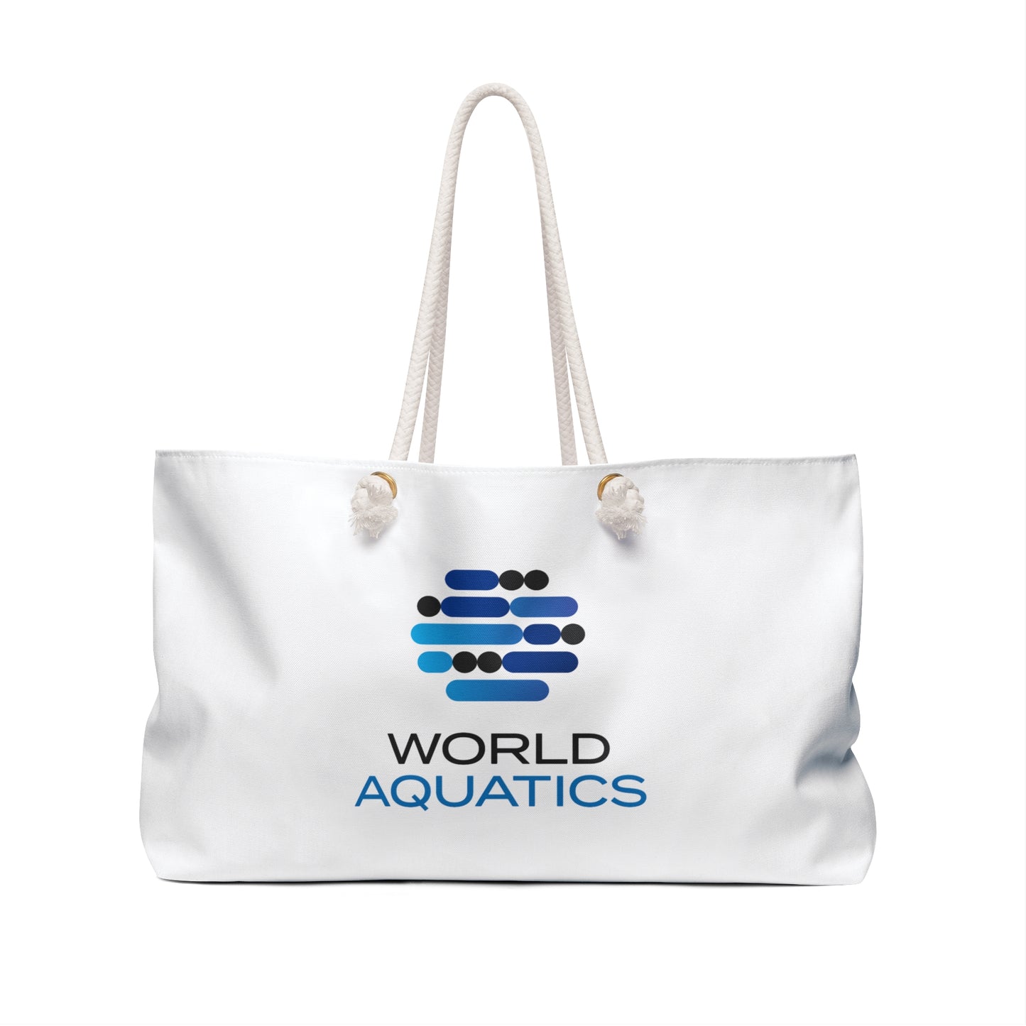 Back view of World Aquatics Weekender Tote Bag showing spacious design and cream interior lining.