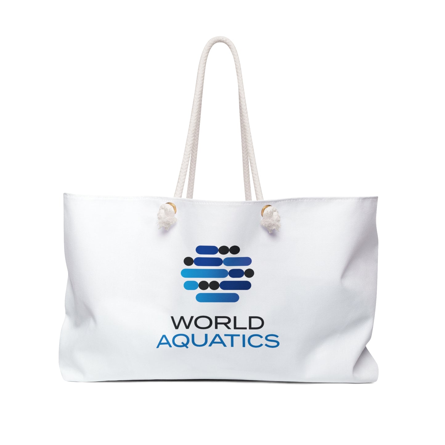 World Aquatics Weekender Tote Bag – front view of large white beach tote with World Aquatics logo and durable rope handles.