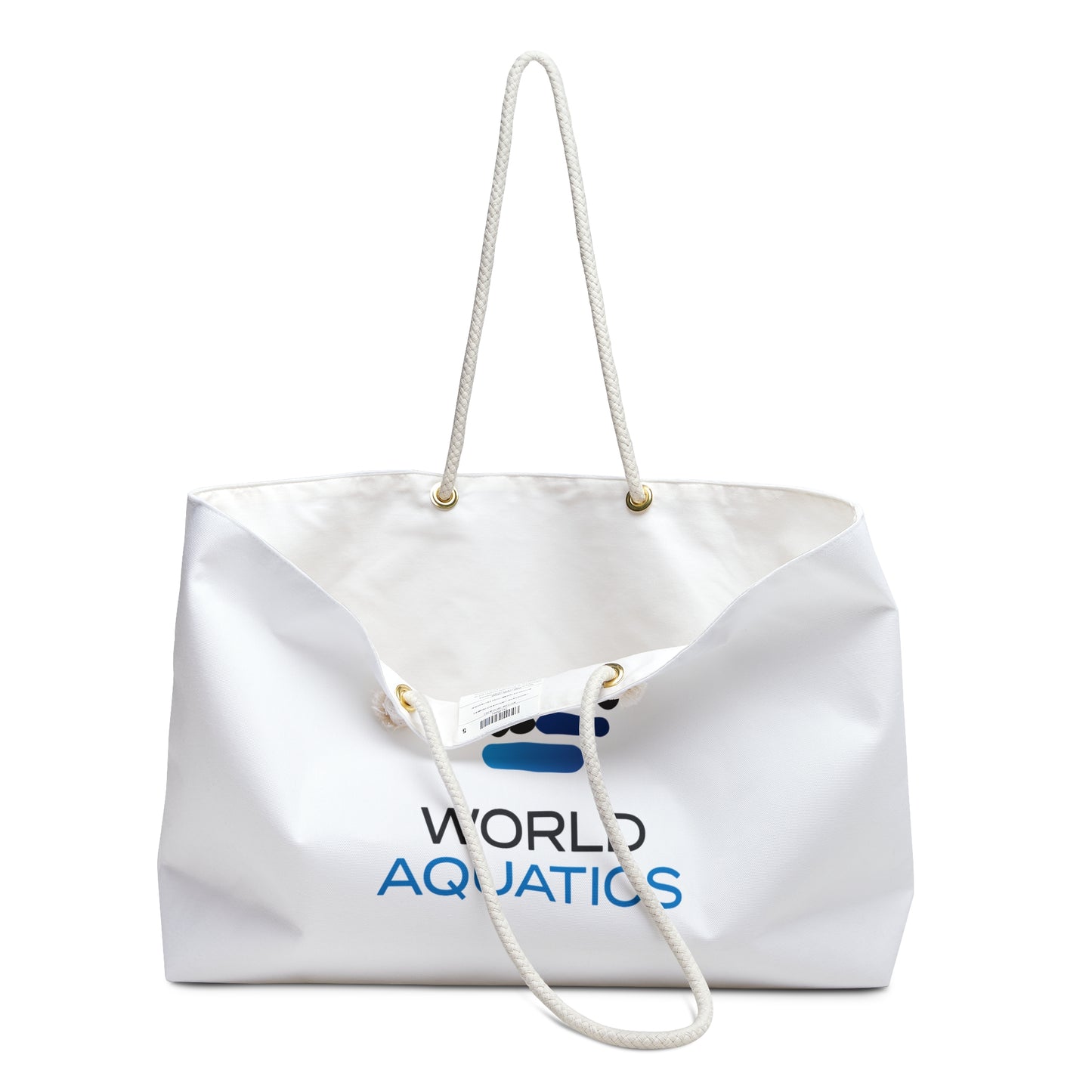 Side view of World Aquatics Weekender Tote Bag highlighting thick rope handles and sturdy polyester fabric.