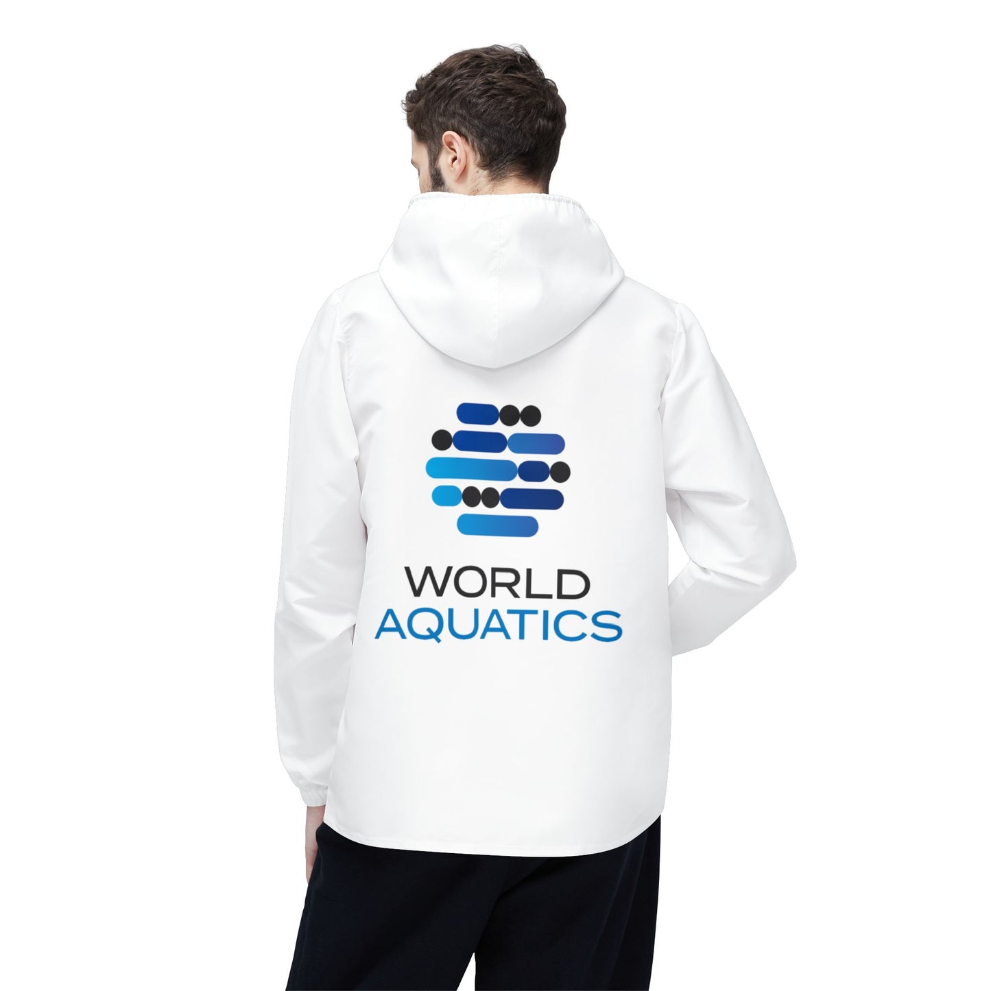 Back view of World Aquatics Windbreaker Jacket – large logo print and comfortable unisex fit.
