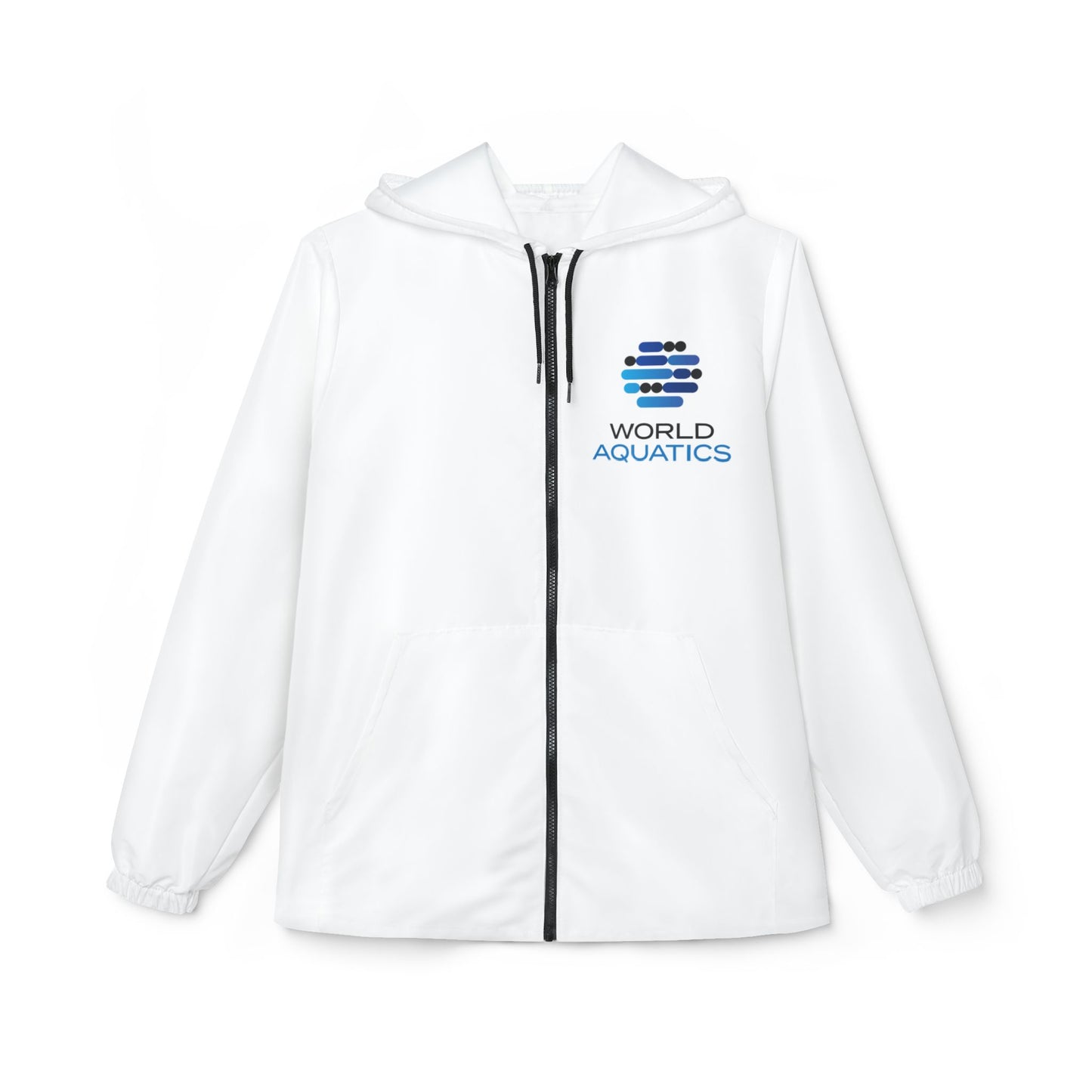 World Aquatics windbreaker jacket – breathable polyester shell with black zipper and adjustable hood.