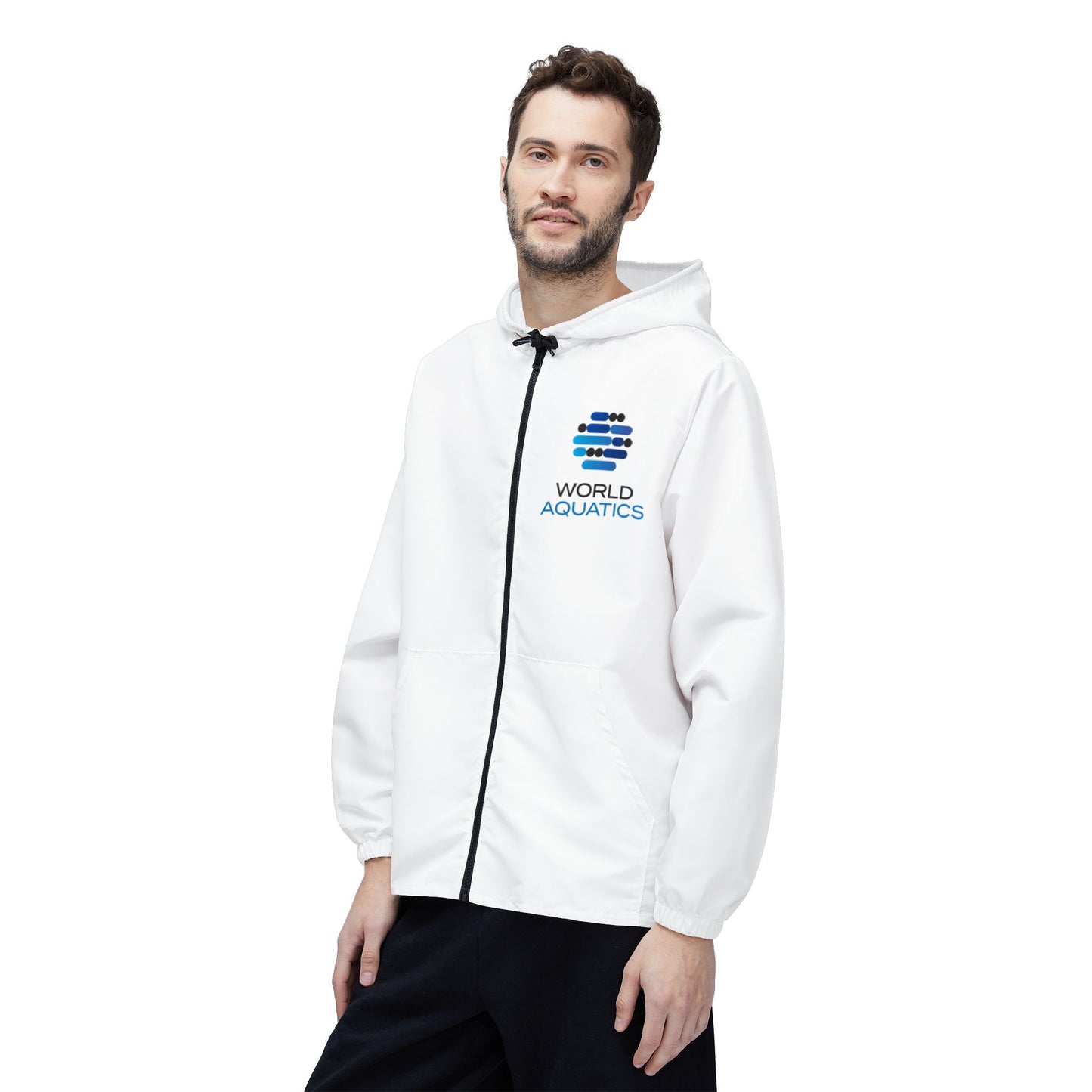 Man wearing World Aquatics Windbreaker Jacket – lightweight white jacket with logo, ideal for outdoor activities.