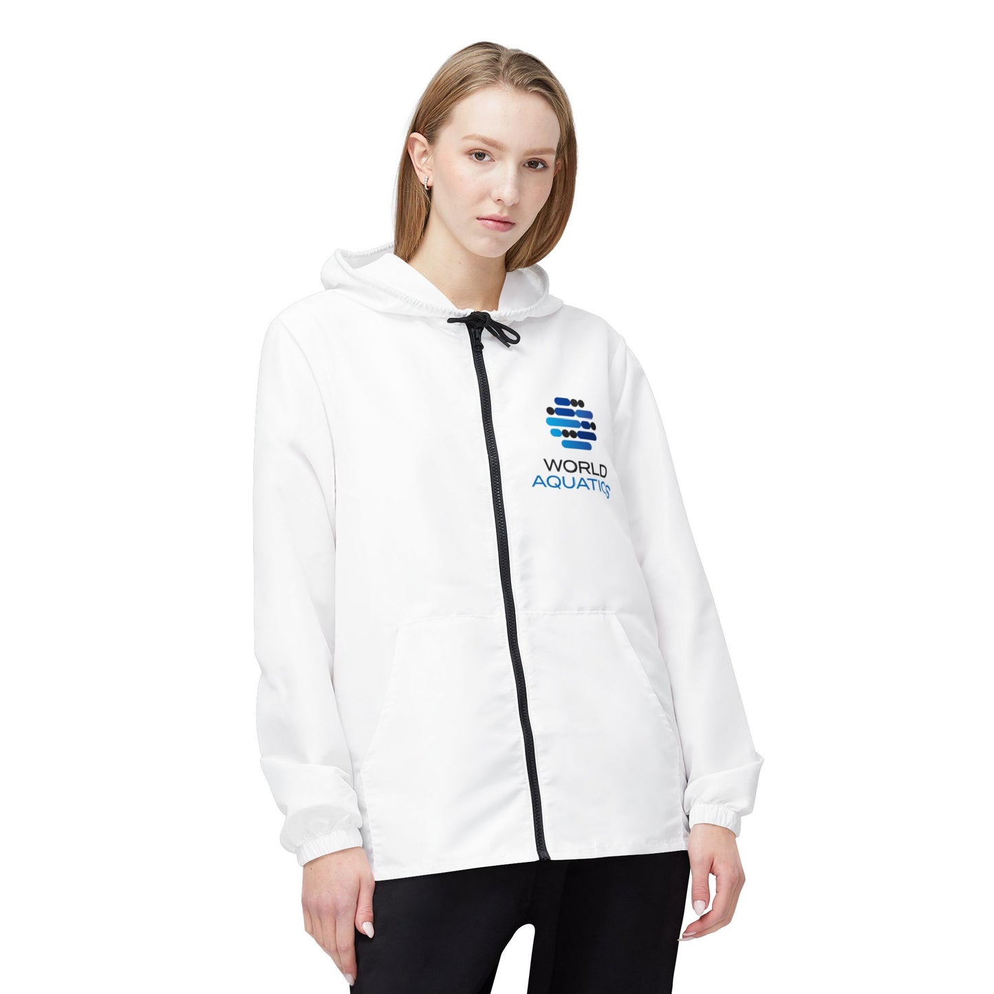 Woman wearing World Aquatics Windbreaker Jacket – stylish unisex outerwear for running or casual wear.