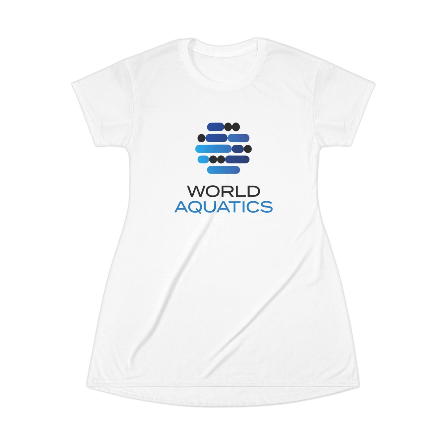 Side view of World Aquatics Women’s T-Shirt Dress highlighting the medium-weight fabric, comfortable drape and casual style.