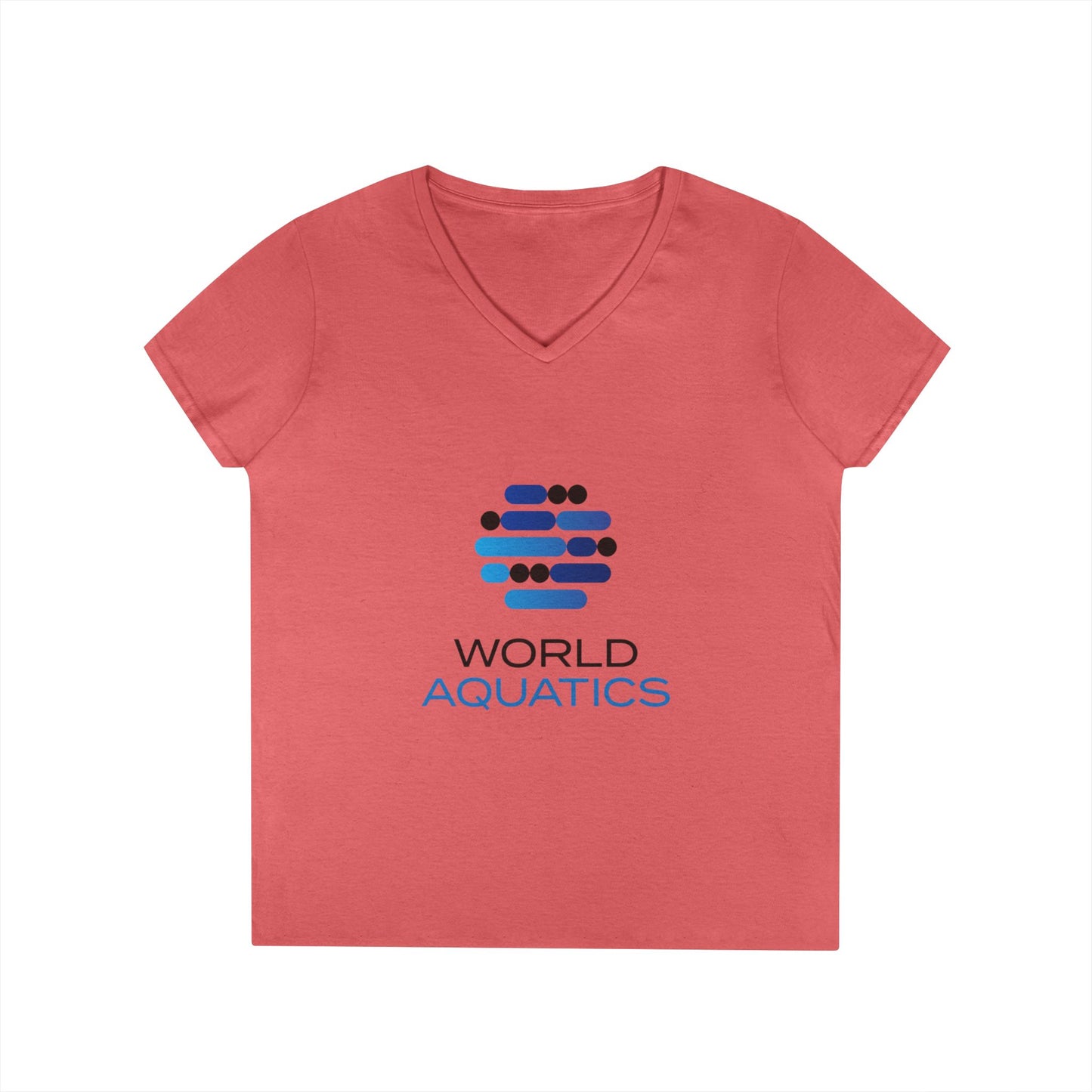 Red V-neck t-shirt with World Aquatics logo on a white background