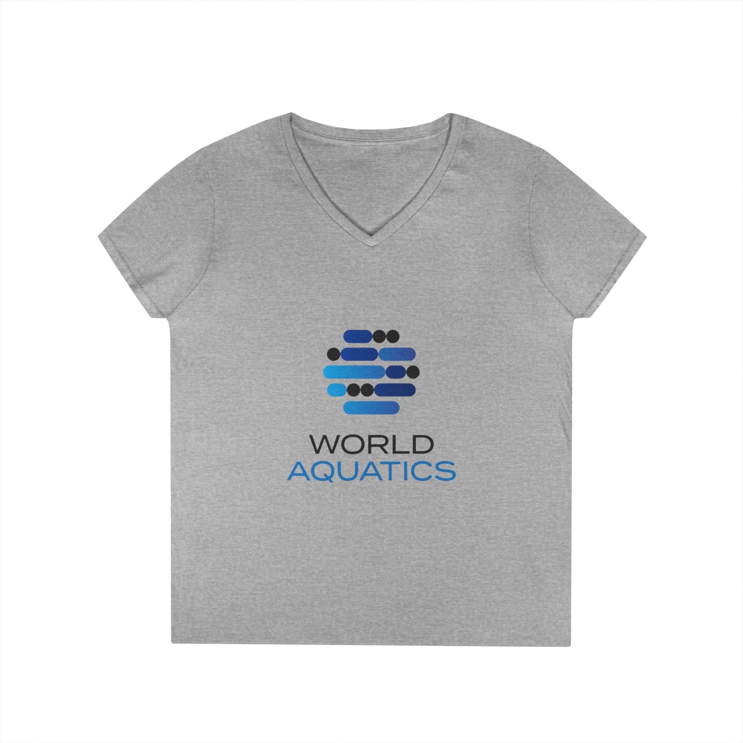 Close-up of ribbed knit collar on World Aquatics Women’s V-Neck T-Shirt – retains shape and elasticity.