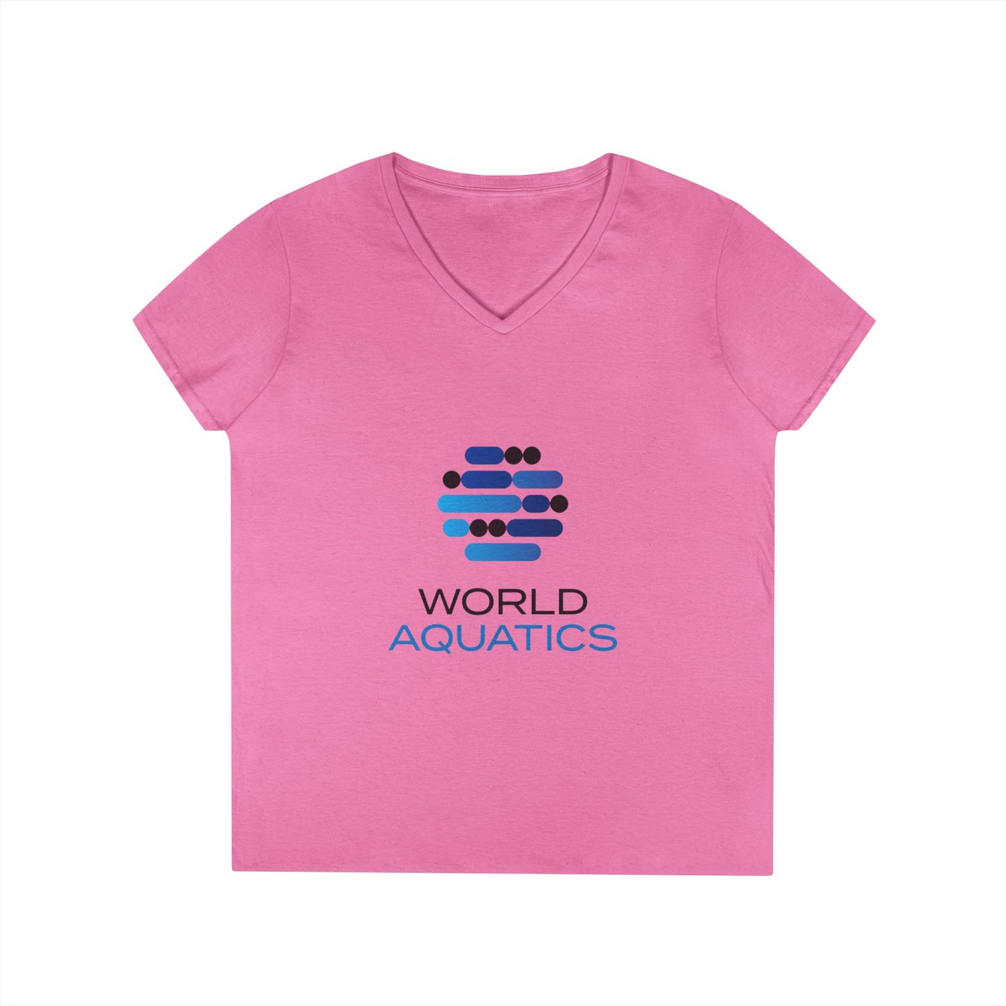 Woman wearing World Aquatics Women’s V-Neck T-Shirt in casual setting – breathable, stylish and versatile.