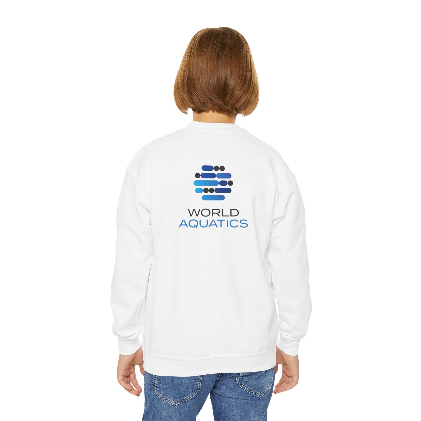 Back view of model wearing World Aquatics Youth Sweatshirt – comfortable cotton-blend pullover for everyday use.