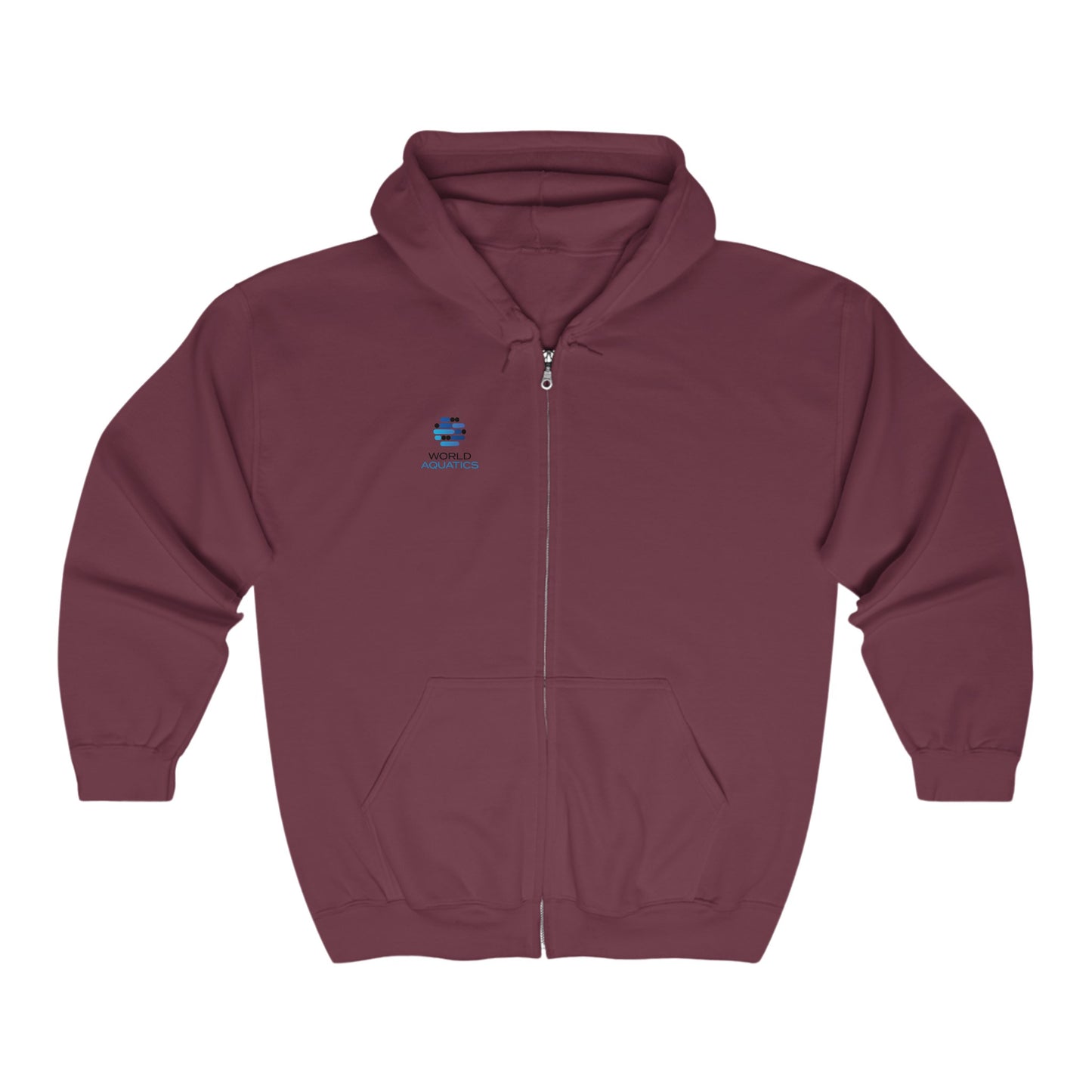 Maroon World Aquatics Zip-Up Hoodie – premium cotton blend with cozy lining and front pockets.