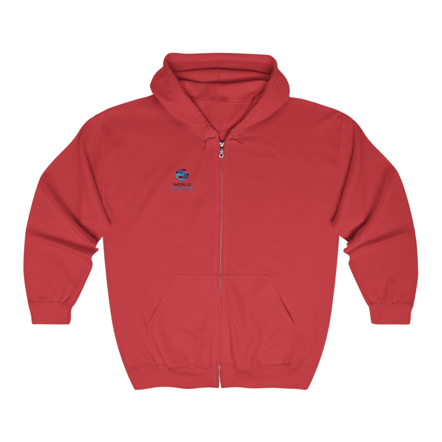 Red World Aquatics Zip-Up Hoodie – soft unisex fleece with full zipper and adjustable hood.
