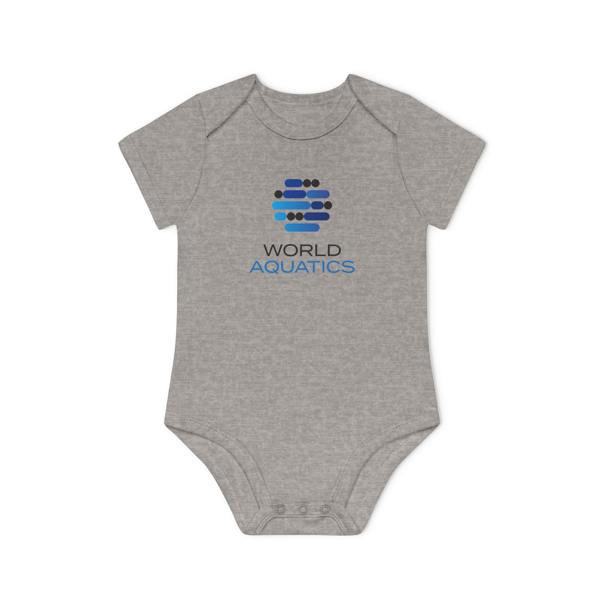 Gray World Aquatics Baby Bodysuit – comfortable and stylish organic cotton infant onesie with printed logo.
