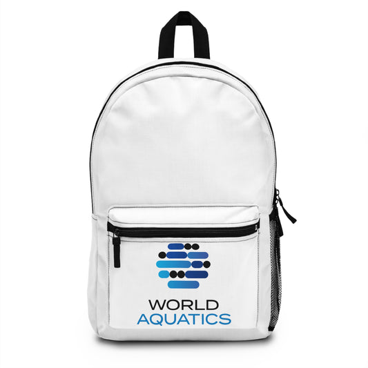 World Aquatics Backpack – front view of lightweight, durable polyester backpack featuring World Aquatics logo and zip front pocket.
