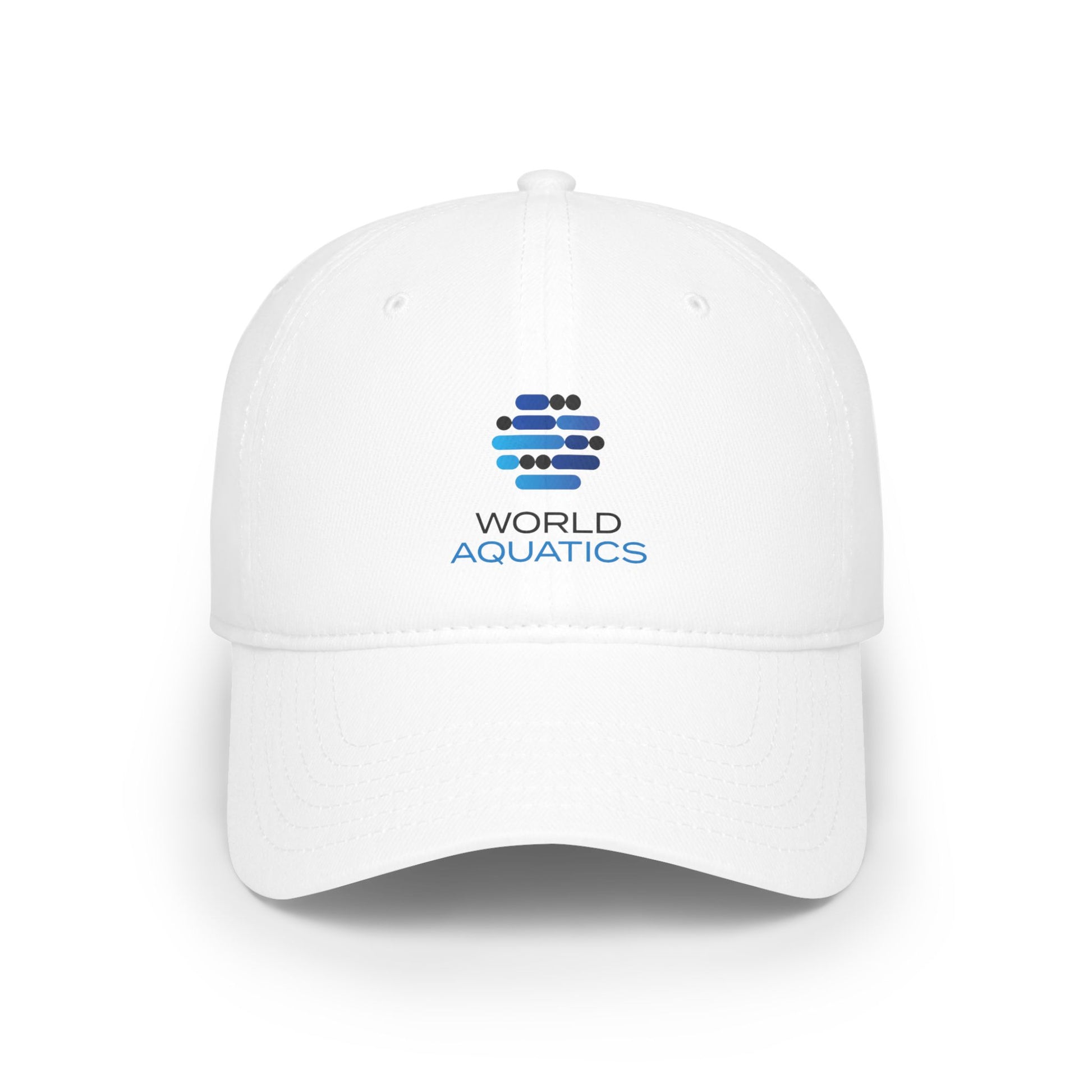 Front view of World Aquatics Baseball Cap – classic adjustable Velcro closure and embroidered emblem.