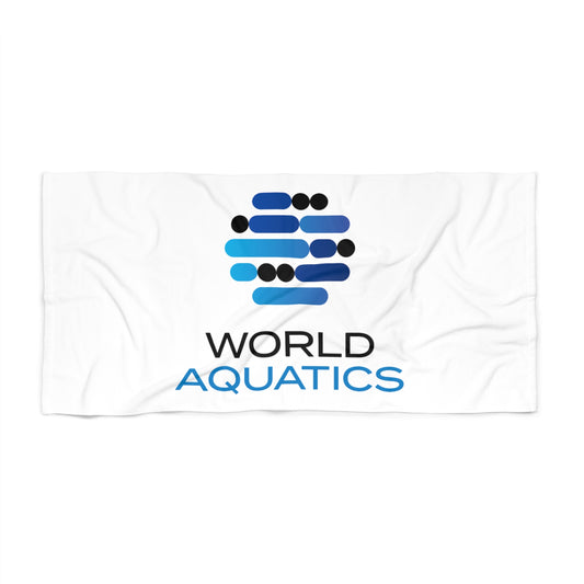 World Aquatics Beach Towel – front view of soft, durable beach towel blending 52% polyester and 48% cotton, designed for pool, beach or travel.