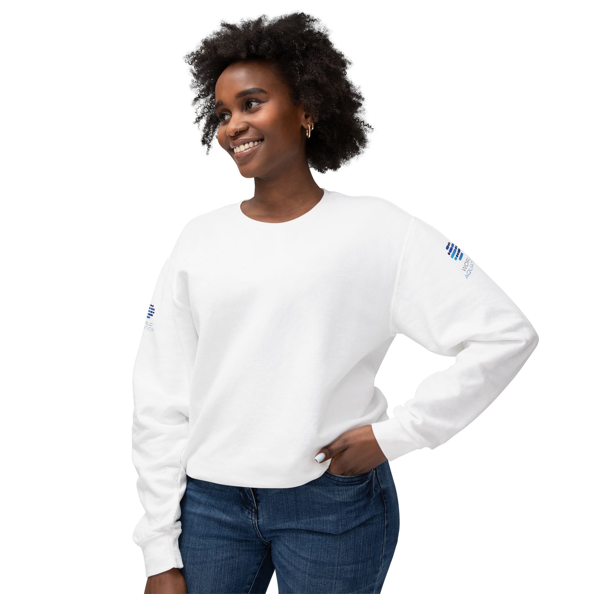 Woman wearing World Aquatics Crewneck Sweatshirt – modern unisex fit for comfort and sustainable fashion.