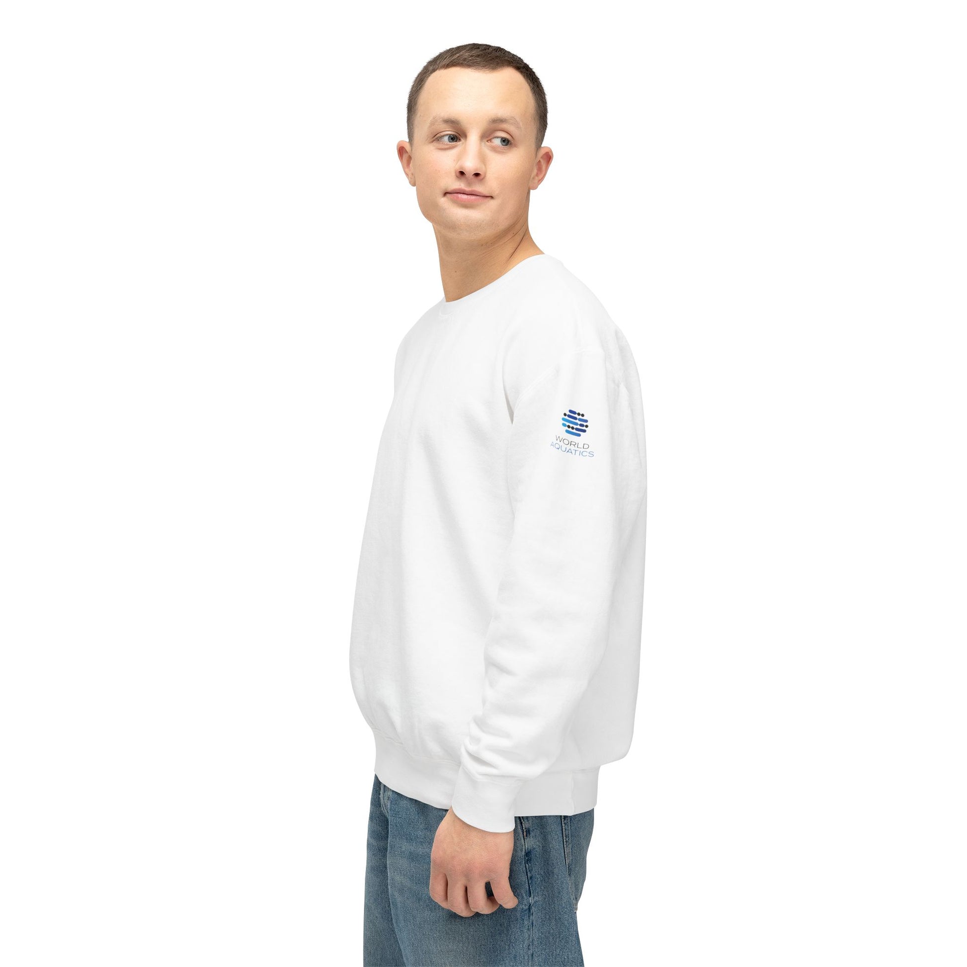 Man wearing World Aquatics Crewneck Sweatshirt – soft cotton pullover with embroidered logo, casual and stylish.