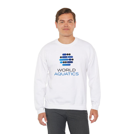 Man wearing World Aquatics Crewneck Sweatshirt – soft cotton blend pullover with logo, ideal for casual or sporty wear.