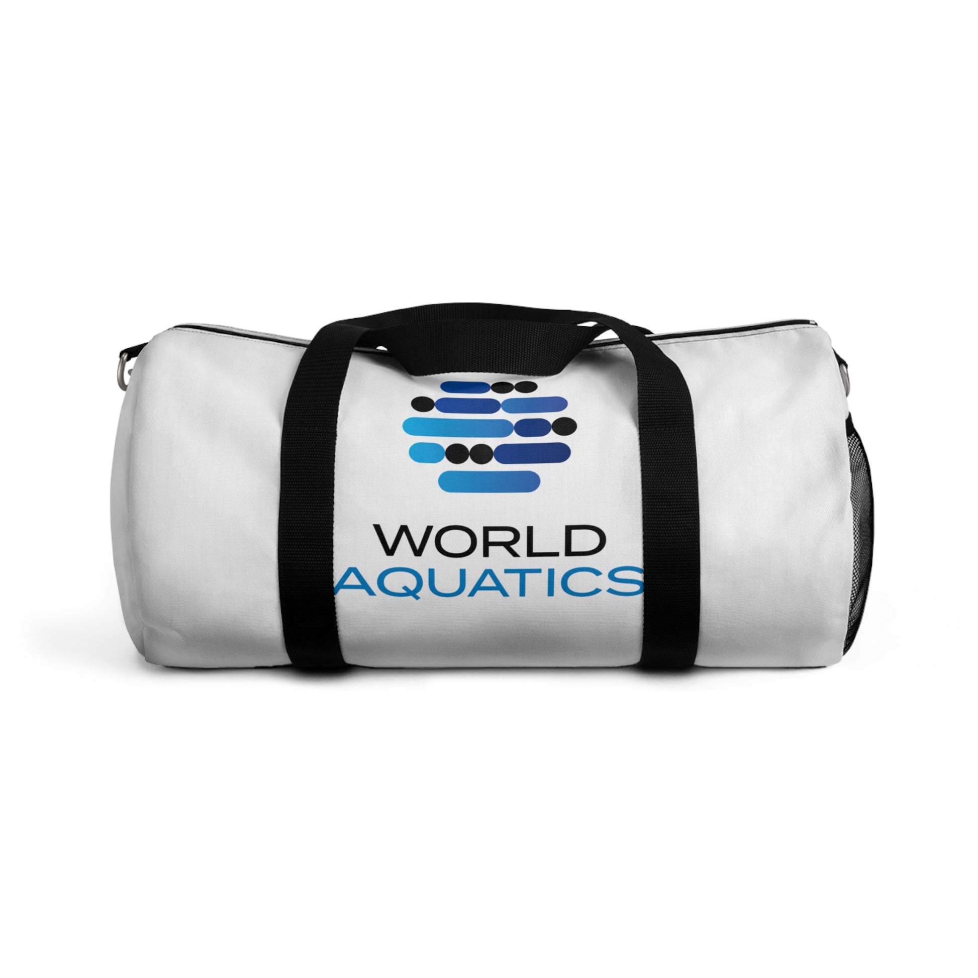Front view of World Aquatics Duffel Bag – spacious polyester gym bag with black straps and side pockets.
