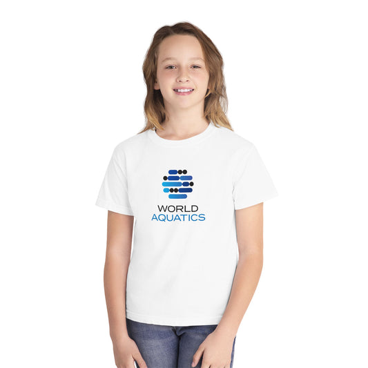 Child wearing World Aquatics Kids T-Shirt – soft, breathable cotton tee with World Aquatics logo, perfect for school or playtime.