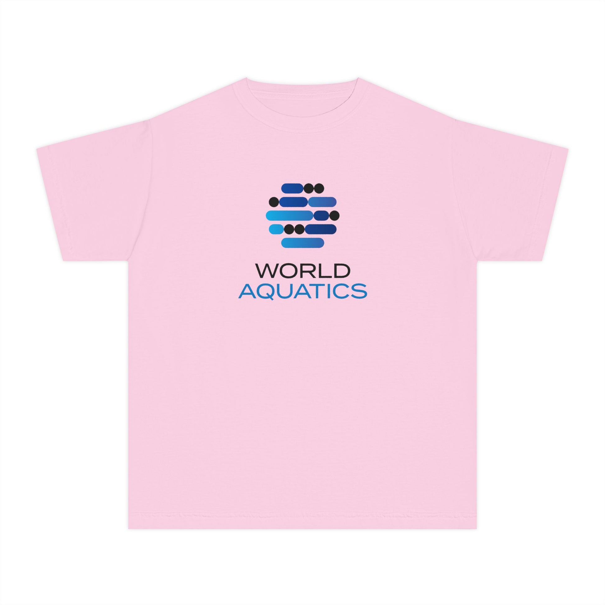 Pink World Aquatics Kids T-Shirt – cute and comfy cotton tee with World Aquatics logo, perfect for young swimmers and fans.