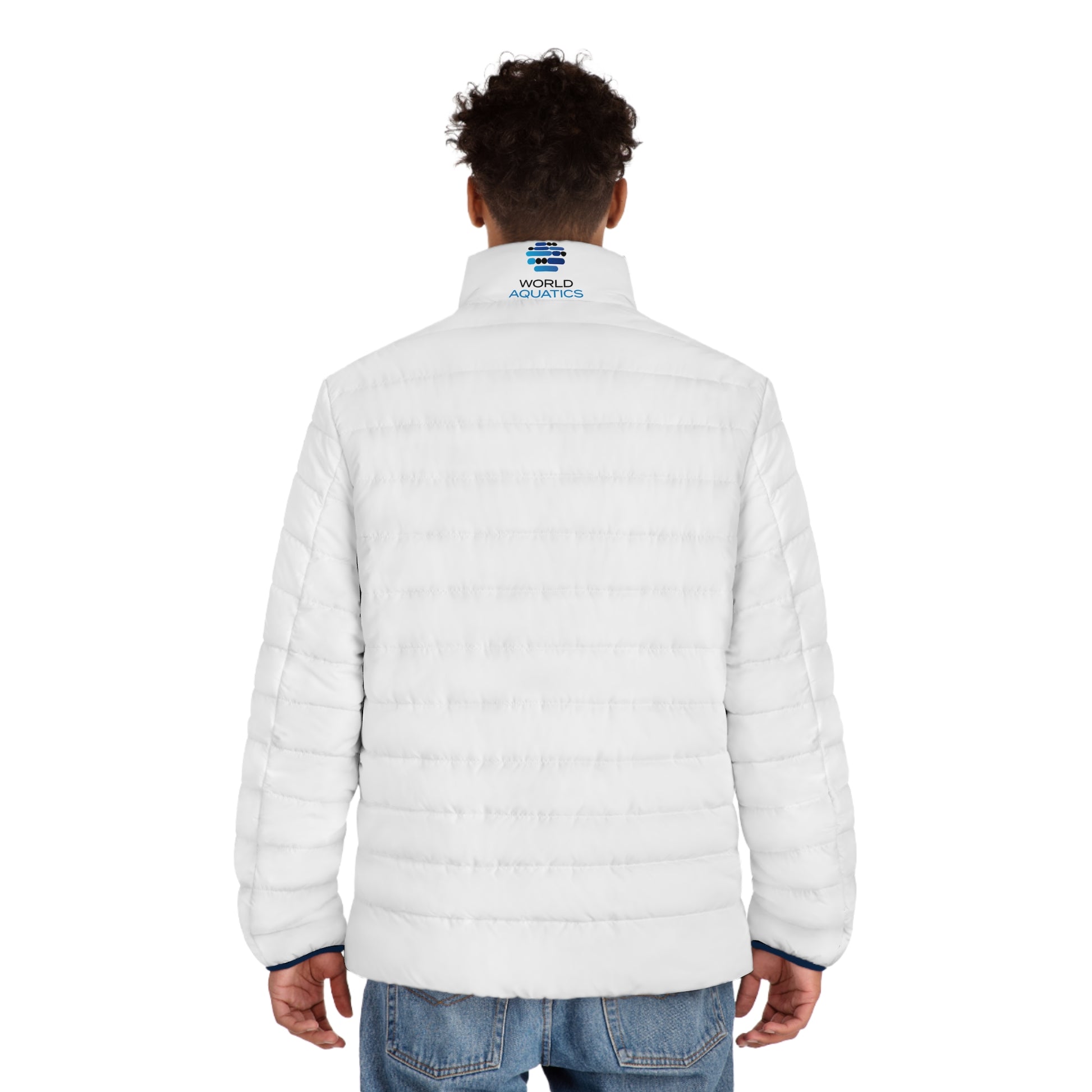 Back view of World Aquatics Men’s Puffer Jacket – minimalist winter design for versatile styling.
