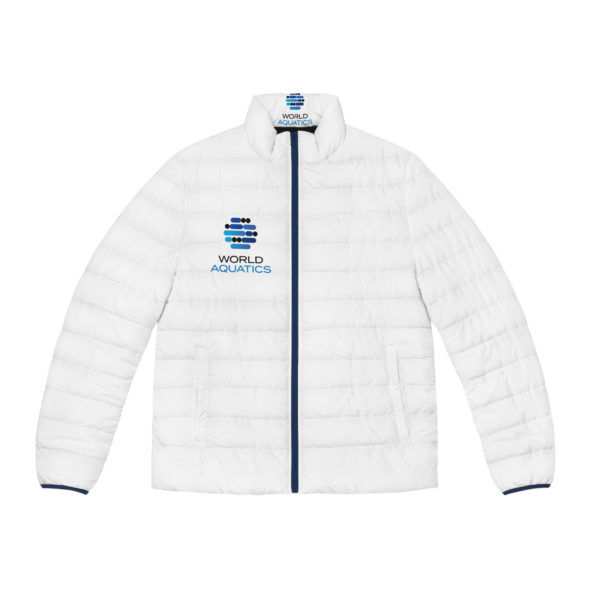 World Aquatics men’s puffer jacket – quilted, stand-up collar design with black zipper for modern comfort.