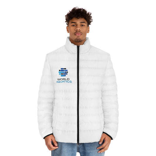 Man wearing World Aquatics Men’s Puffer Jacket – warm lightweight outerwear with logo, ideal for cold weather.