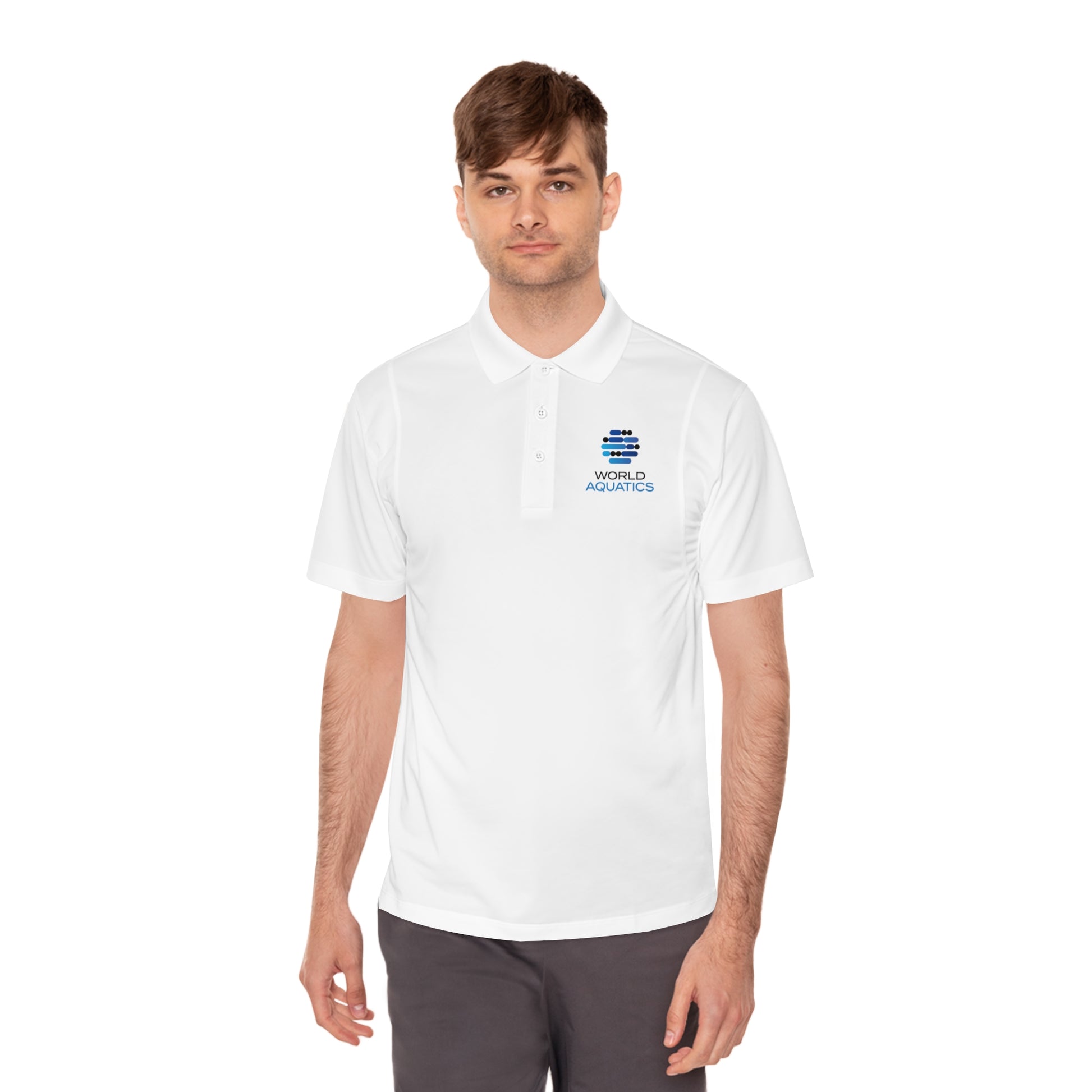 Man wearing World Aquatics Men’s Sport Polo – lightweight performance polo with logo, ideal for active or casual wear.