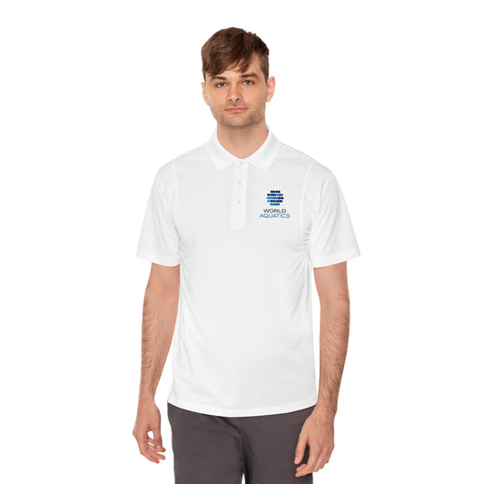 Man wearing World Aquatics Men’s Sport Polo – lightweight performance polo with logo, ideal for active or casual wear.