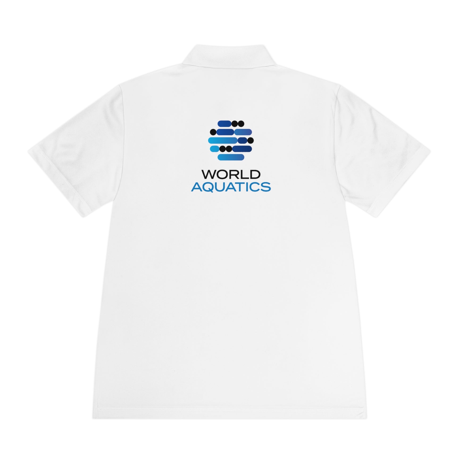 Back view of World Aquatics white sport polo – sleek, minimal design with embroidered logo detail.