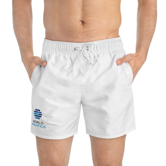 World Aquatics Men’s Swim Trunks – front view of the custom printed swim shorts made from lightweight fabric for comfort and style.