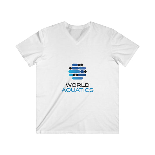 World Aquatics Men’s V-Neck Tee – front view of the fitted short-sleeve shirt made from premium fabric for everyday style.