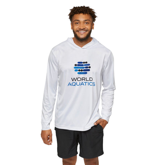 Man wearing World Aquatics Outdoor Hoodie – lightweight performance hoodie with UPF 50+ sun protection, ideal for outdoor activities.