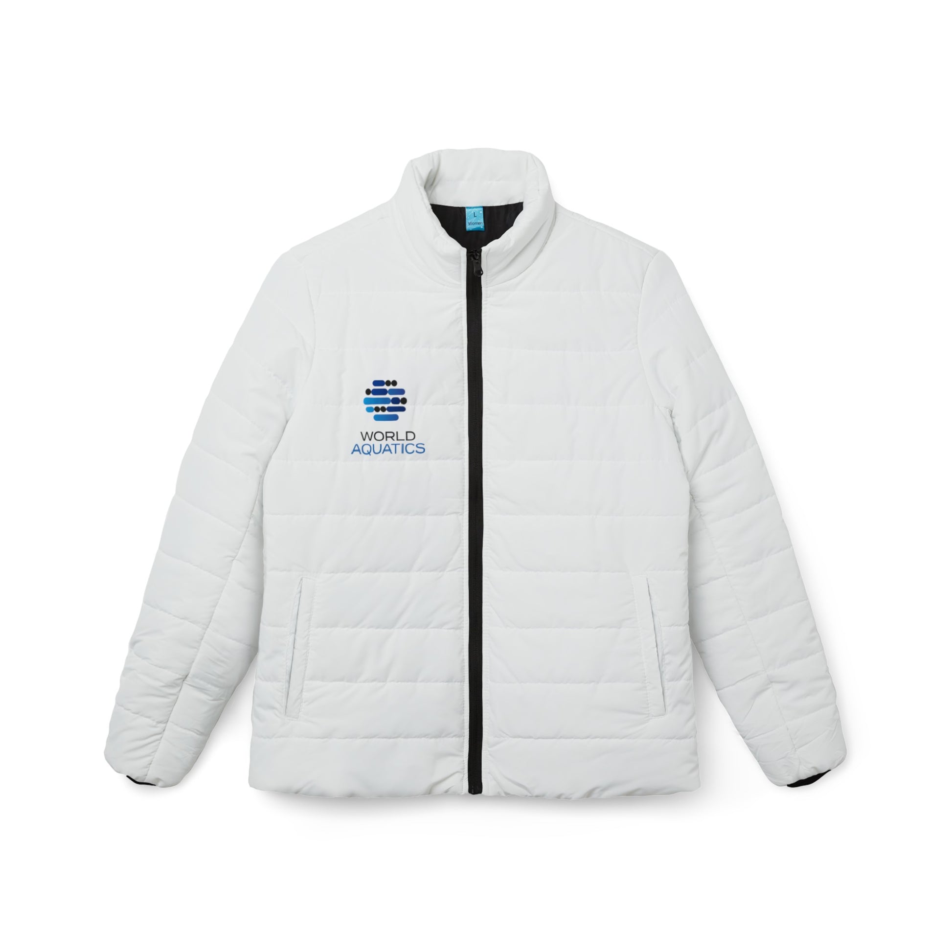 Front view of World Aquatics Puffer Jacket – white quilted design with zipper closure and side pockets.