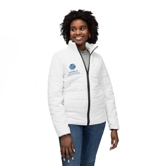 Woman wearing World Aquatics Puffer Jacket – lightweight quilted jacket with logo, designed for warmth and everyday comfort.