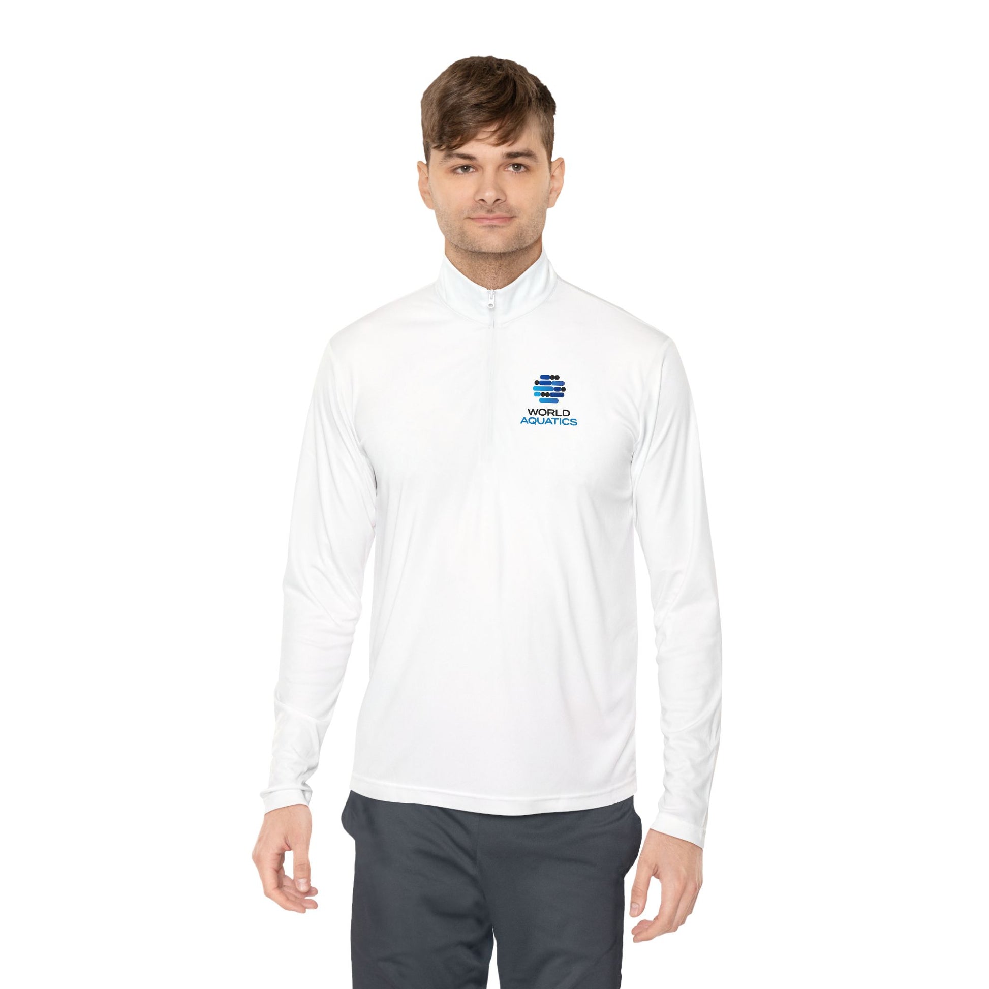Man wearing World Aquatics Quarter-Zip Pullover – lightweight white sports pullover with logo, ideal for training or casual wear.
