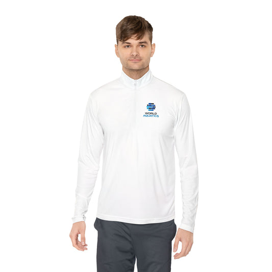 Man wearing World Aquatics Quarter-Zip Pullover – lightweight white sports pullover with logo, ideal for training or casual wear.