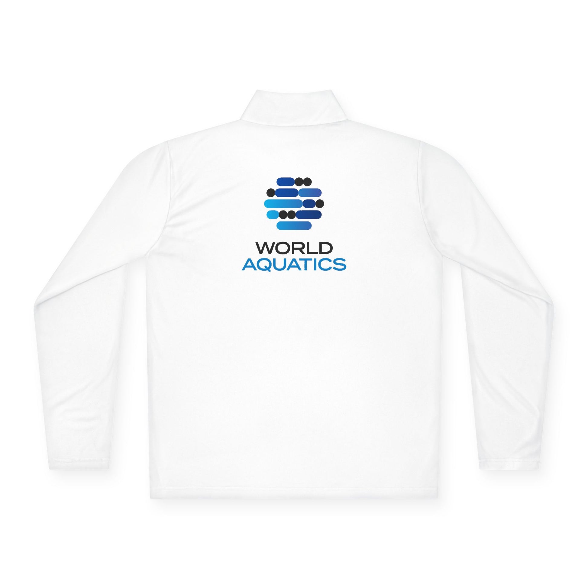 Back view of World Aquatics white quarter-zip pullover – breathable and durable athletic top with logo detail.