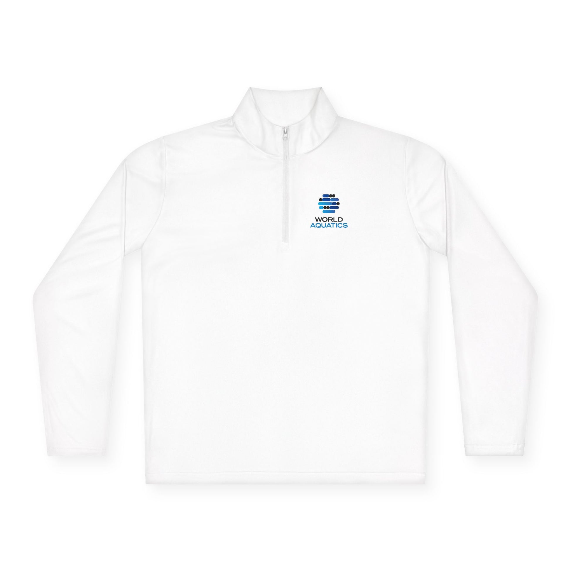 White World Aquatics quarter-zip pullover – moisture-wicking polyester fabric designed for comfort and performance.