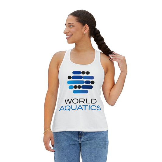Woman wearing World Aquatics Racerback Top – breathable athletic tank with logo, perfect for workouts or casual wear.