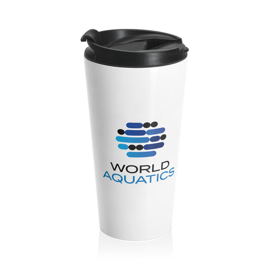 World Aquatics Stainless Steel Travel Mug – front view of a sleek 15 oz vacuum insulated mug made to keep beverages hot or cold while on the move.