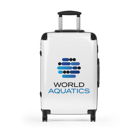 World Aquatics Suitcase – sleek travel luggage with durable polycarbonate front, bold colors, and smooth 360-degree swivel wheels.