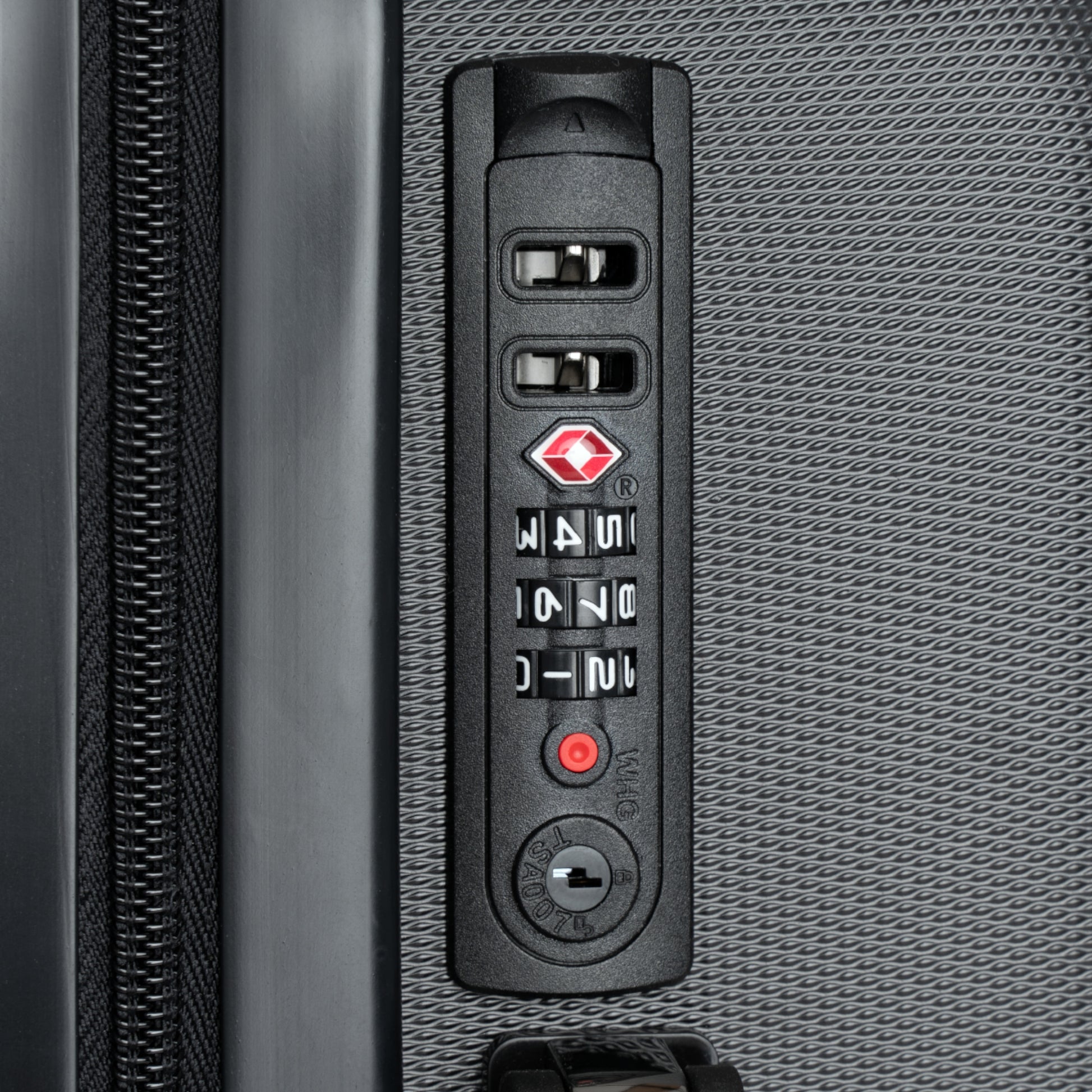 Built-in lock detail on the World Aquatics Suitcase ensuring safety and protection for your belongings during travel.