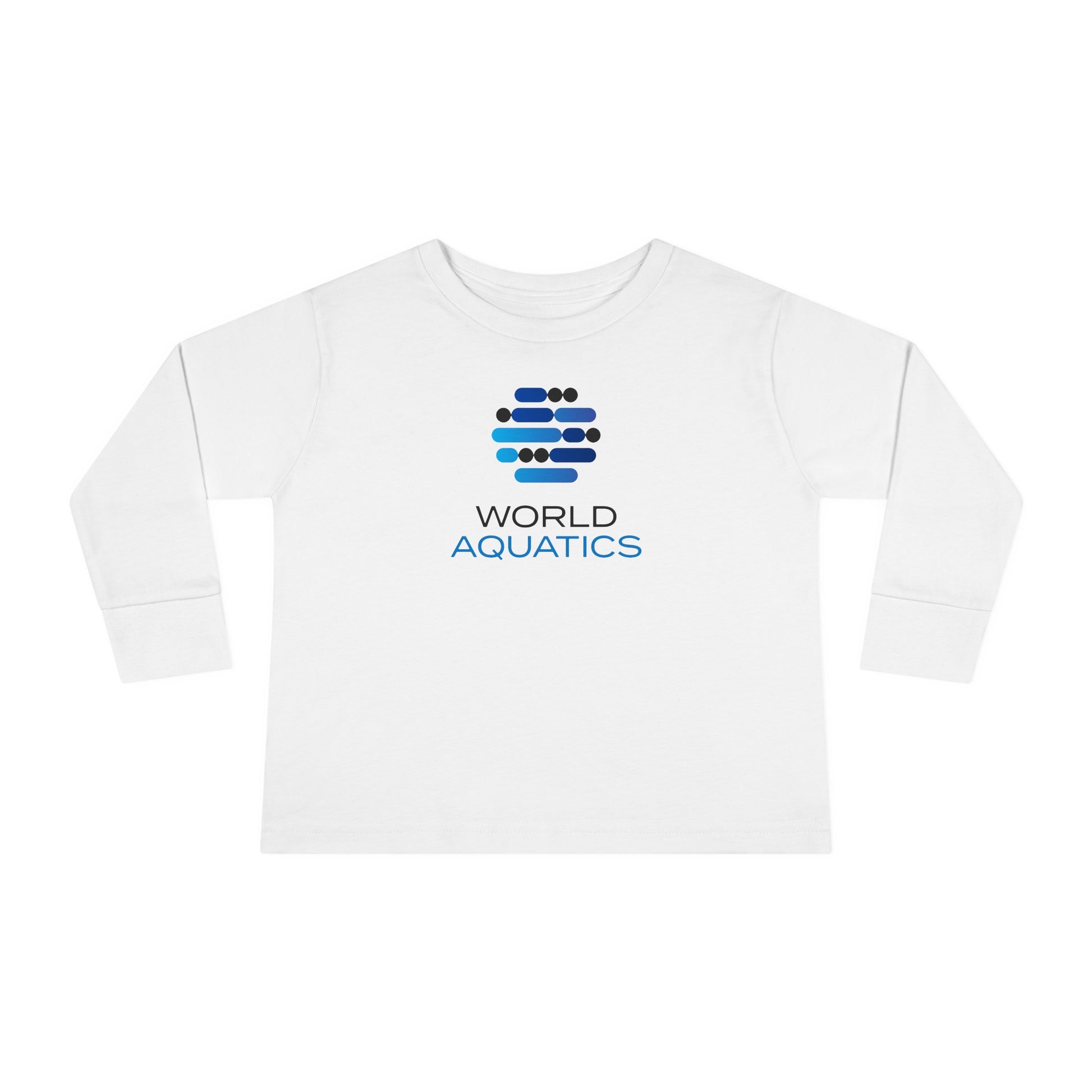 Front view of World Aquatics Toddler Long Sleeve Tee – durable cotton fabric with crew neck and printed World Aquatics logo.