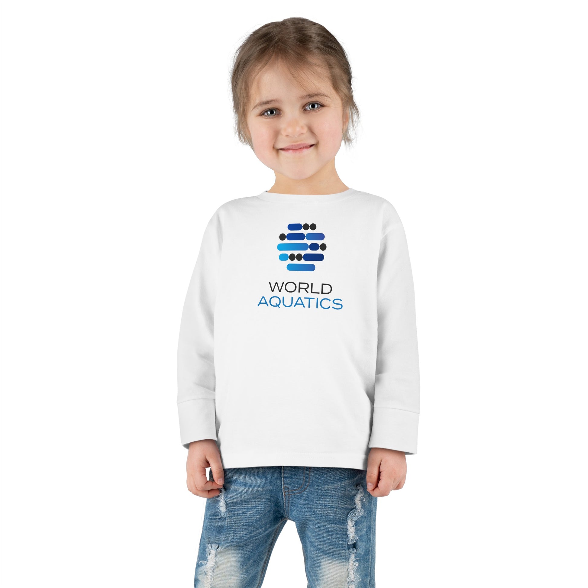 Smiling toddler wearing World Aquatics Long Sleeve Tee – soft and breathable long-sleeve shirt for active kids.