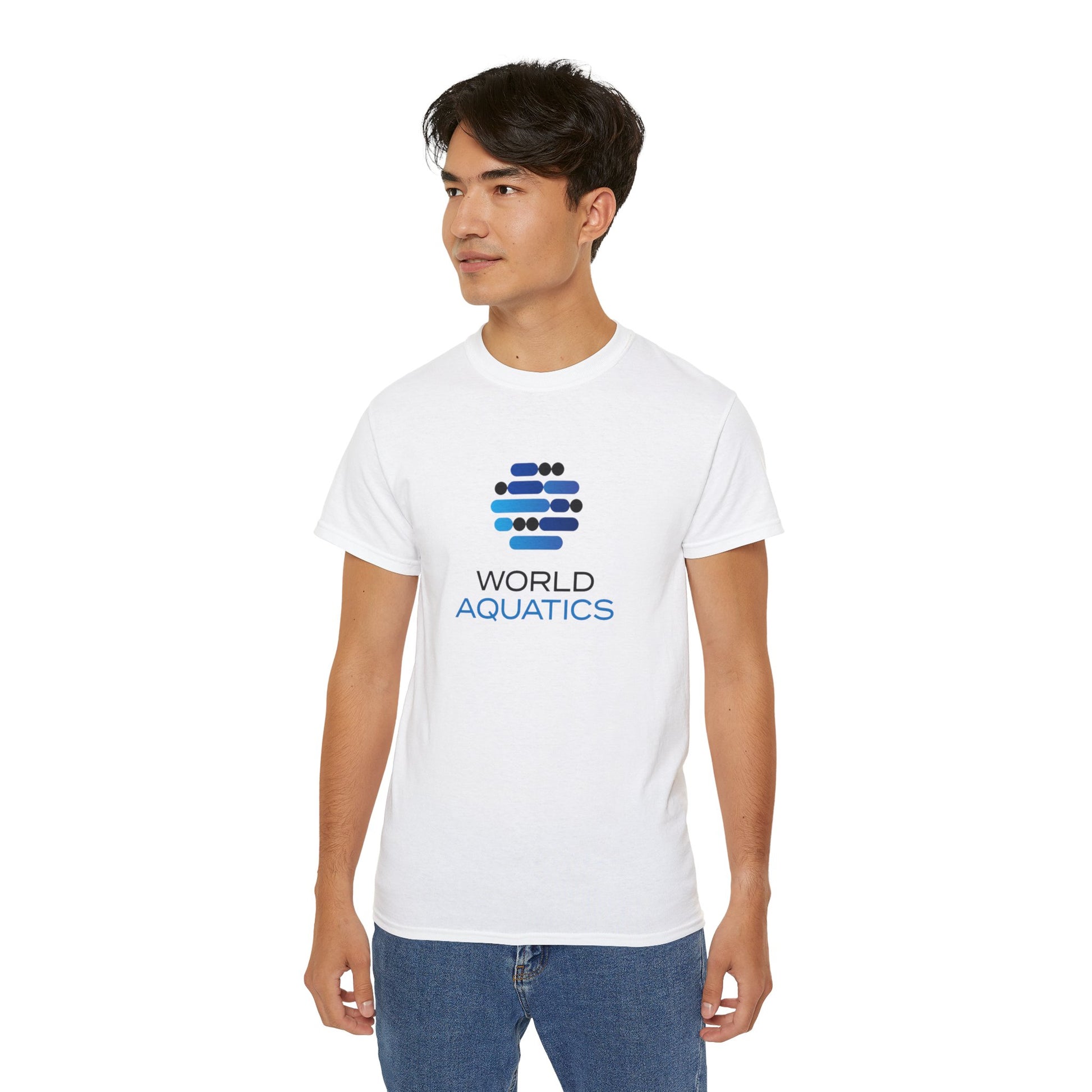 Man wearing World Aquatics Ultra Cotton Tee – premium quality shirt made from 100% cotton.