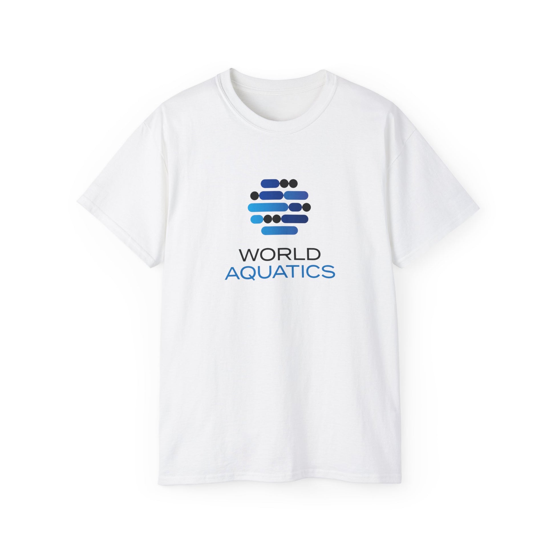 White World Aquatics Ultra Cotton Tee – classic crewneck t-shirt with blue printed logo.