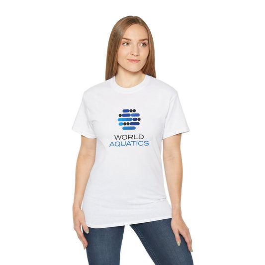 Woman wearing World Aquatics Ultra Cotton Tee – soft, durable unisex t-shirt with front logo print.