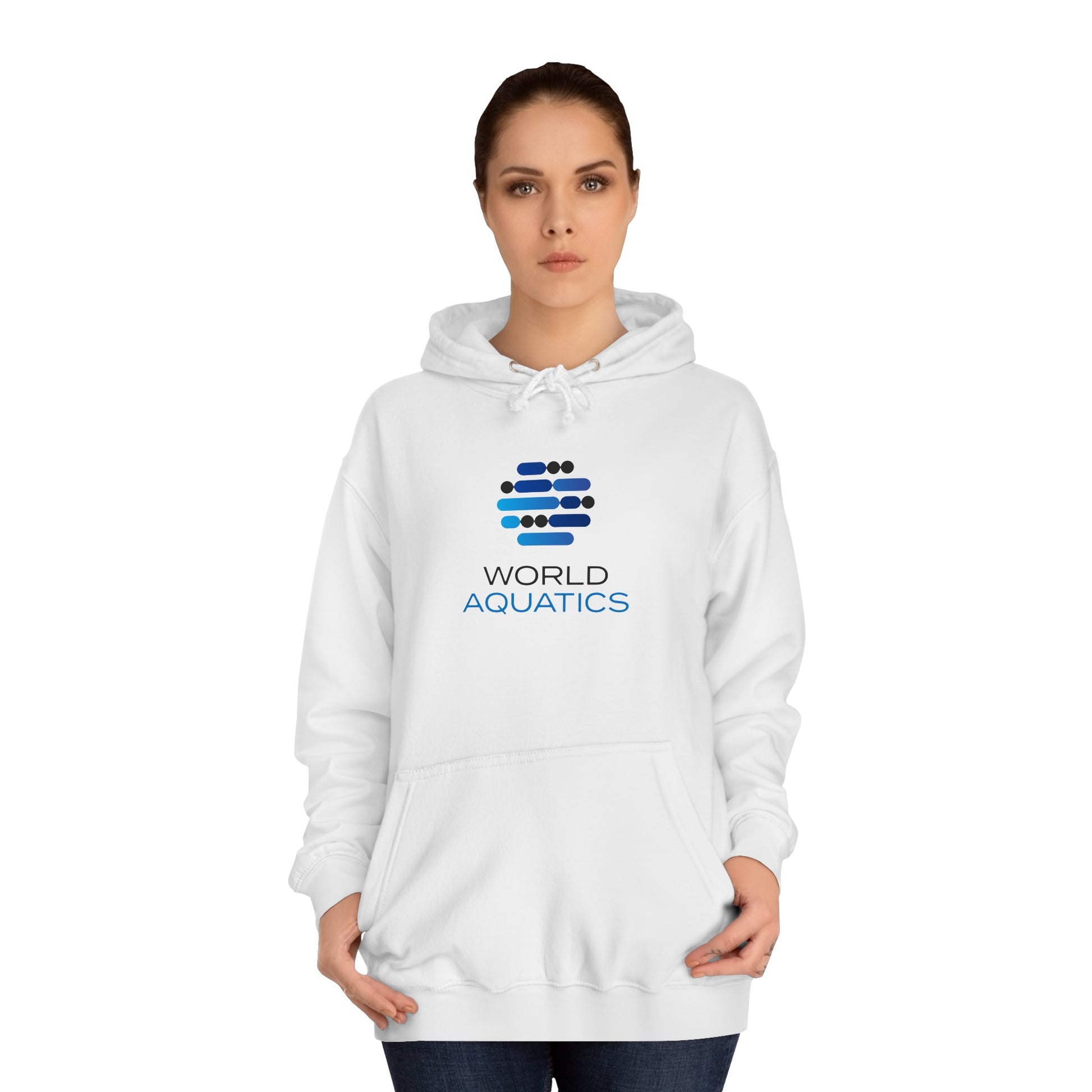 Woman wearing World Aquatics Hoodie – cozy and stylish sweatshirt with front pocket and hood.